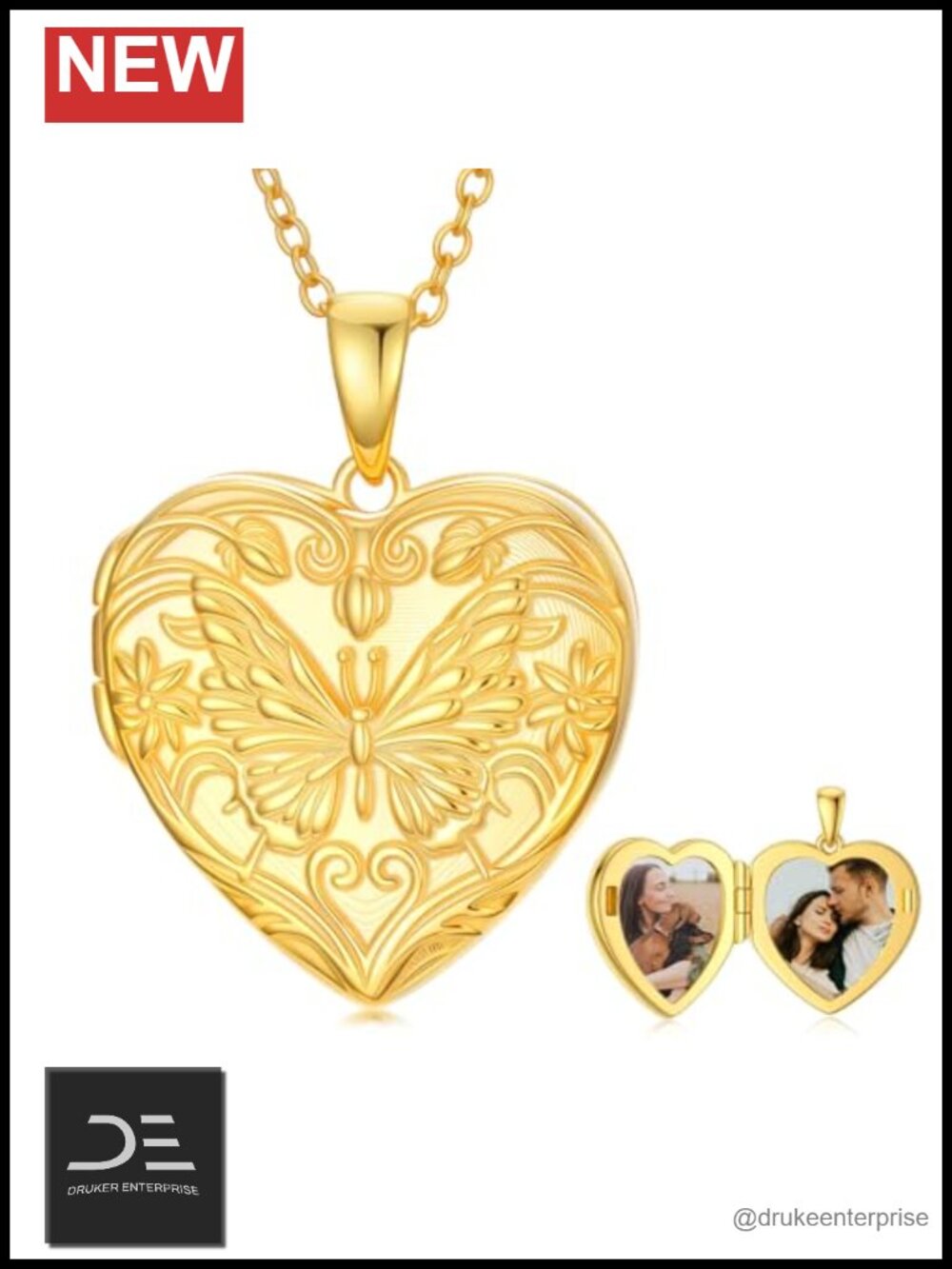 Butterfly Heart Locket Necklace 925 Sterling Silver Photo Pendant